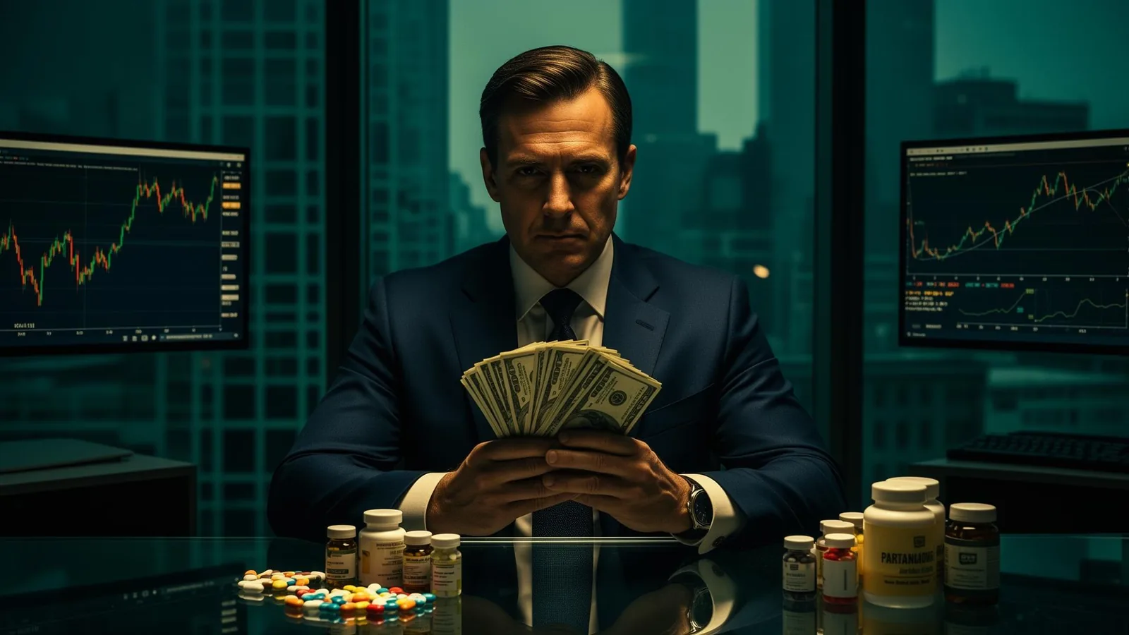A glass desk lined with pill bottles and stock charts on screens, representing pharmaceutical business incentives.