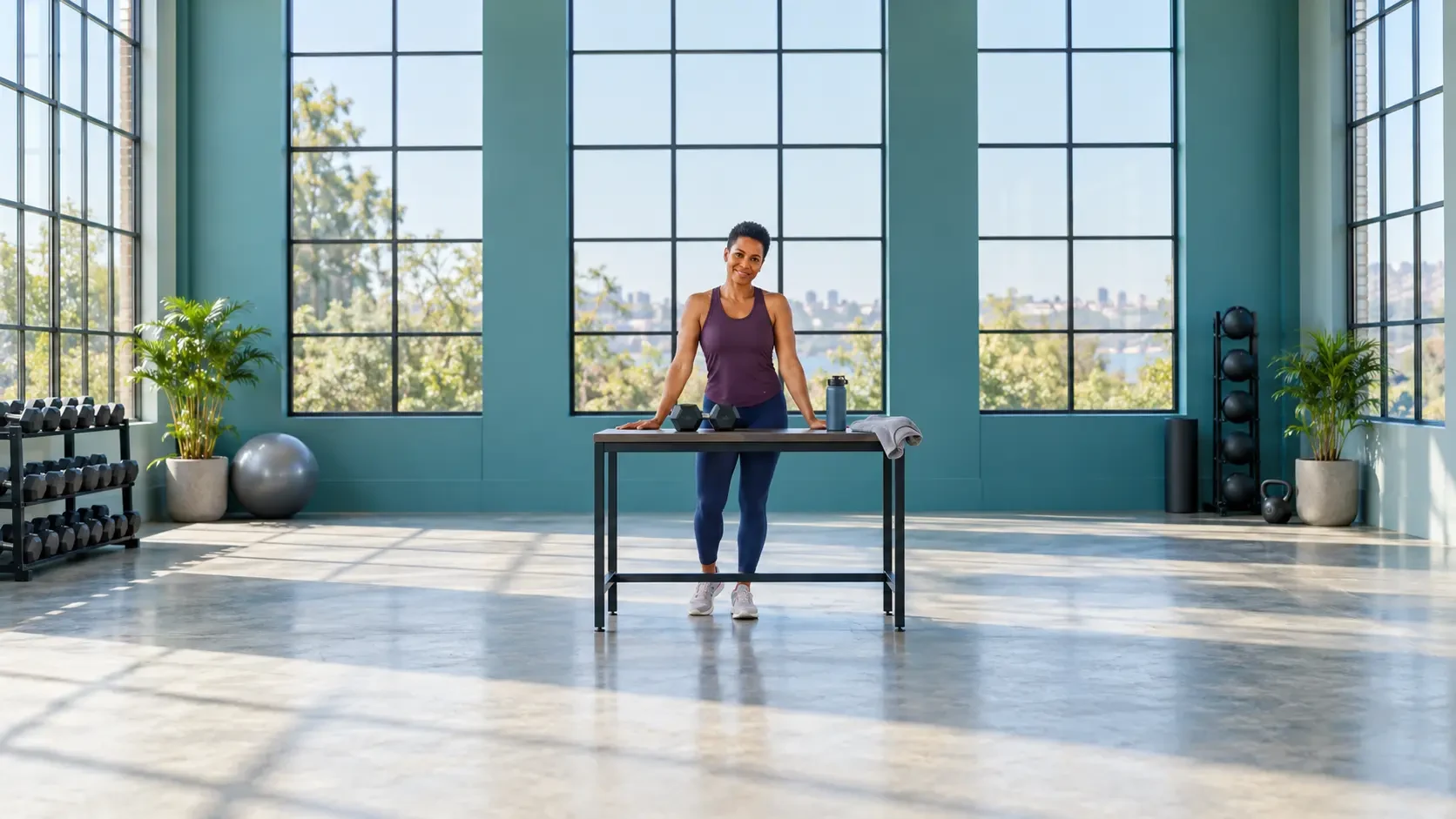A Black woman in her early 40s wearing plum workout clothing stands behind a table with dumbbells in a spacious sunlit blue-green fitness studio, looking at the camera.