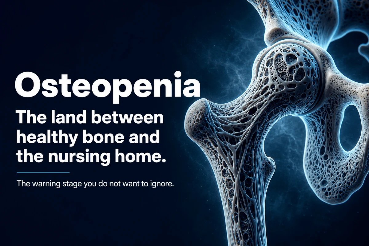 Dramatic medical image of porous bone with text reading Osteopenia, the land between healthy bone and the nursing home.