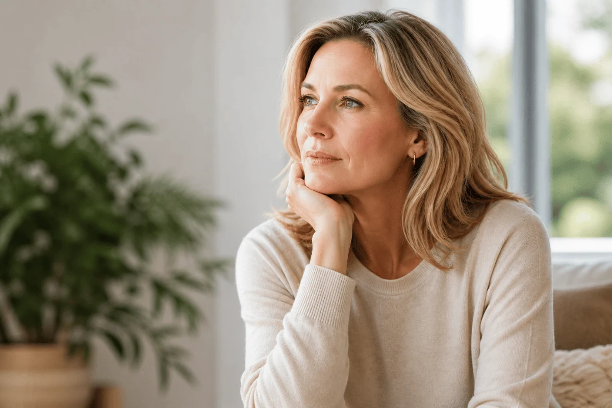 Middle-aged woman sitting by a window, looking thoughtful, representing symptoms of hormone imbalance in women such as fatigue, brain fog, and mood changes