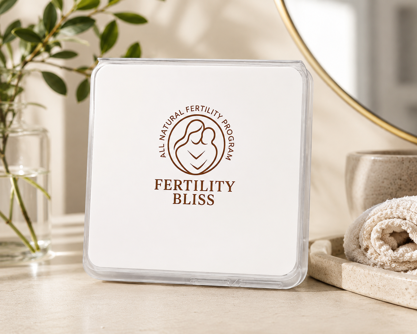 Fertility Bliss all-natural fertility program — at-home AMH hormone test kit displayed in a serene wellness setting