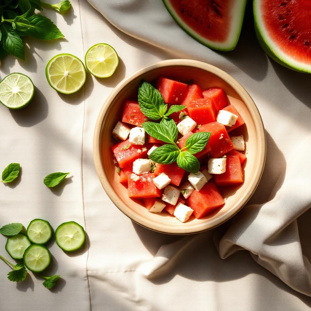 Watermelon feta mint salad in a ceramic bowl with lime and cucumber