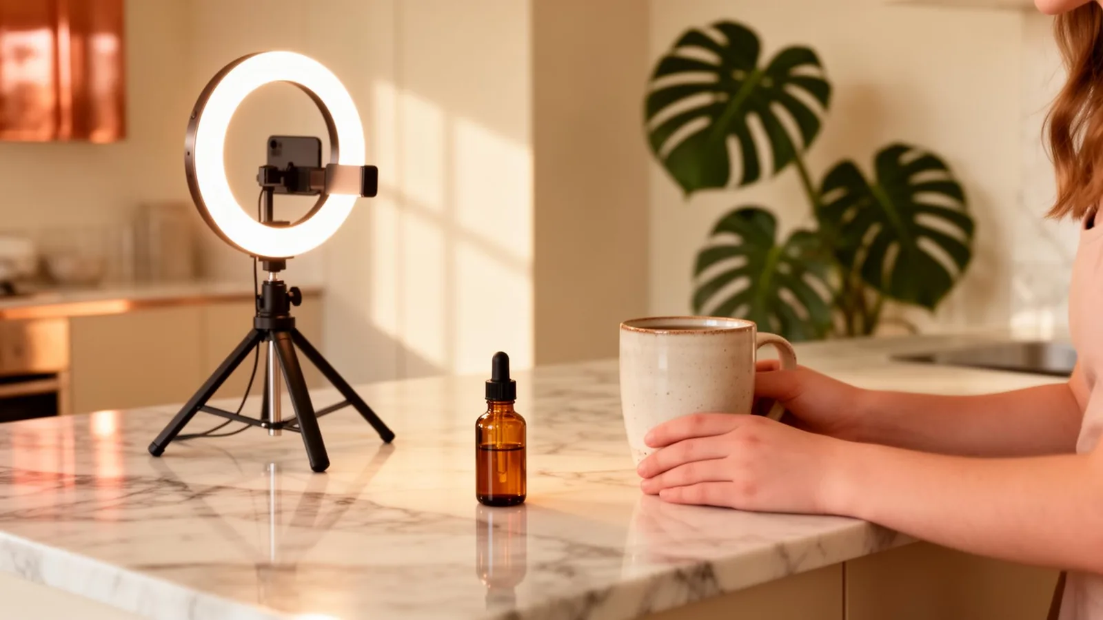 A marble countertop with a ring light, a smartphone on a tripod, and a small amber dropper bottle in warm sunlight.