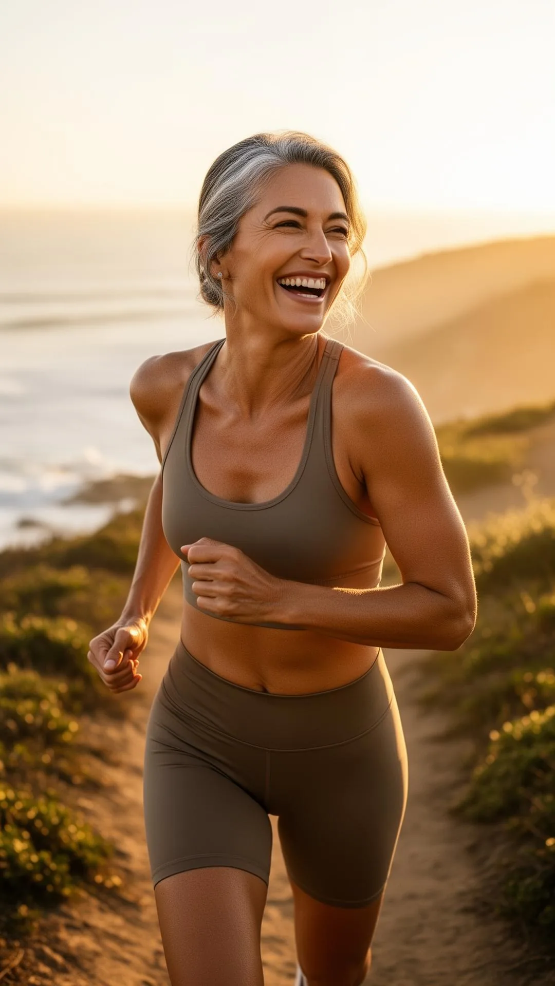 A woman in her fifties in warm natural light after a morning walk