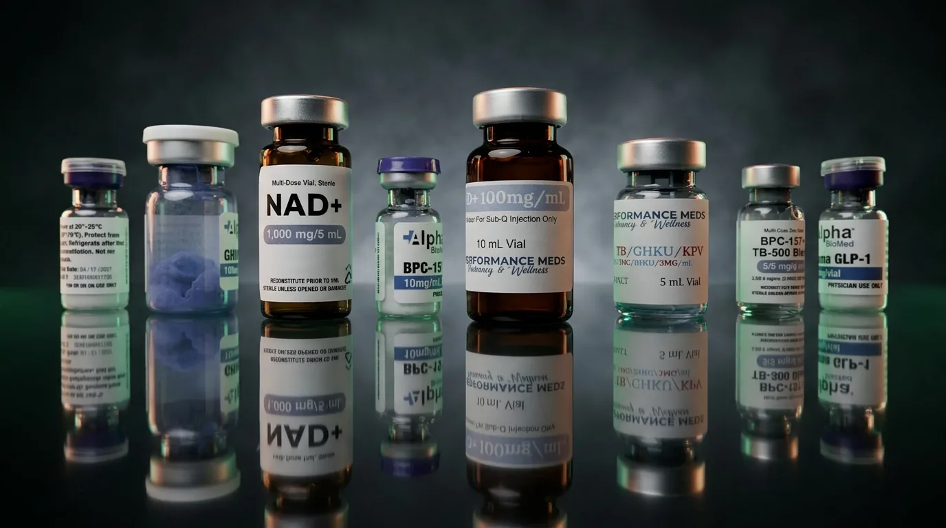 A row of pharmaceutical-grade peptide vials with sterile labels on a polished surface
