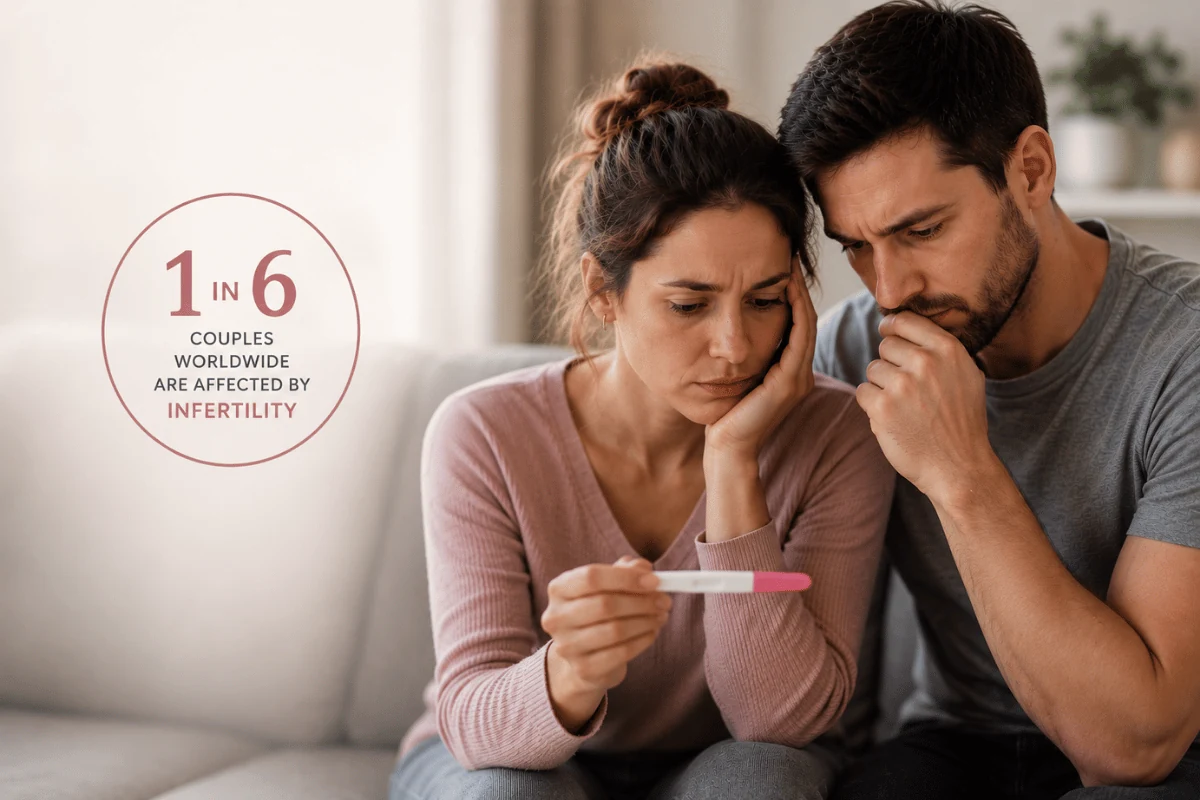 A concerned couple sits closely together on a couch, anxiously looking at a pregnancy test while waiting for results. Beside them, a simple infographic states, "1 in 6 couples worldwide are affected by infertility." The image uses soft blush tones and natural lighting to convey the emotional impact of fertility struggles and raise awareness during Worldwide Fertility Awareness Month