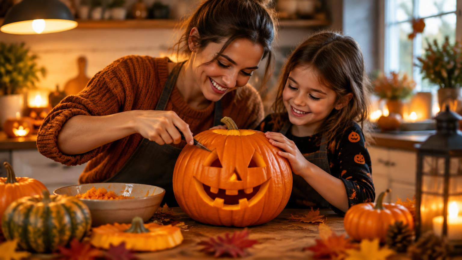A mother and daughter carving a jack-o'-lantern together at a warmly lit kitchen table surrounded by pumpkins and autumn leaves