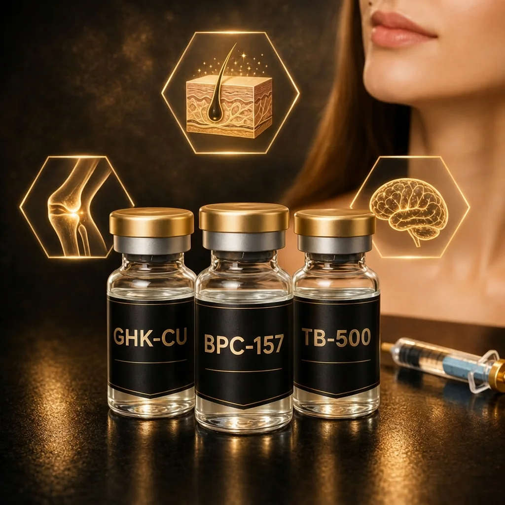BPC-157, TB-500 and GHK-Cu peptide vials side by side with gold caps