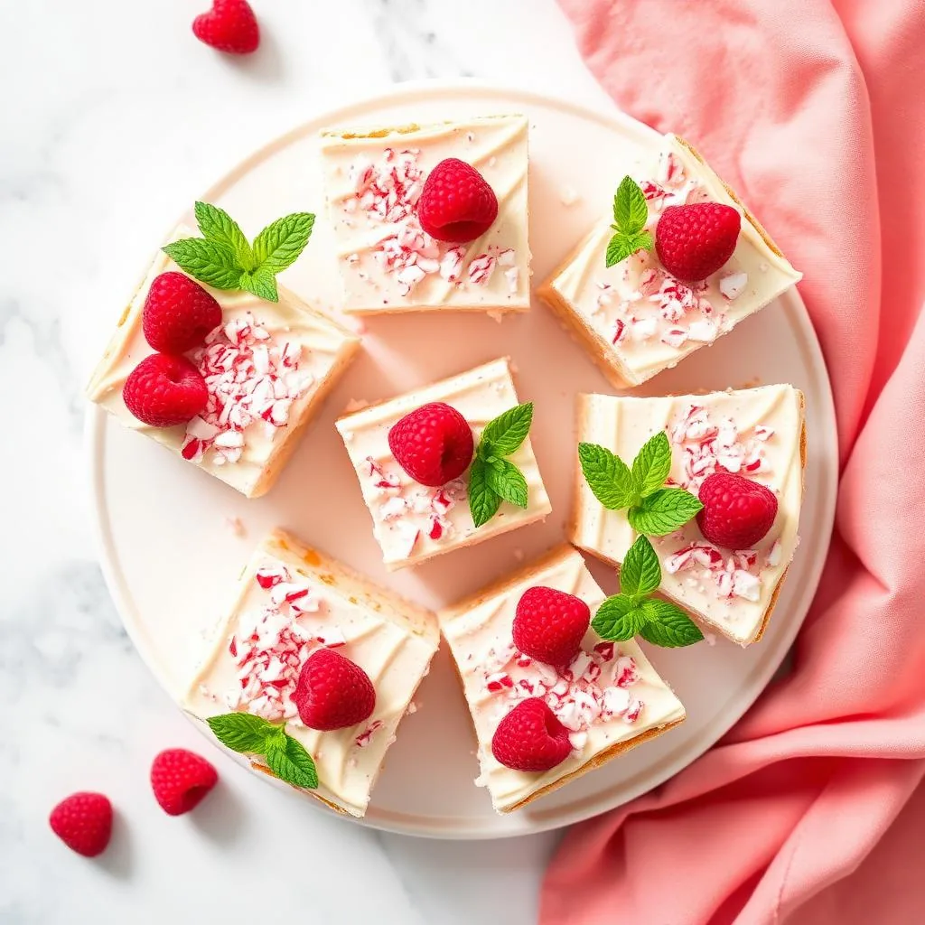 No-bake peppermint icebox cake squares with raspberries and mint on a marble platter
