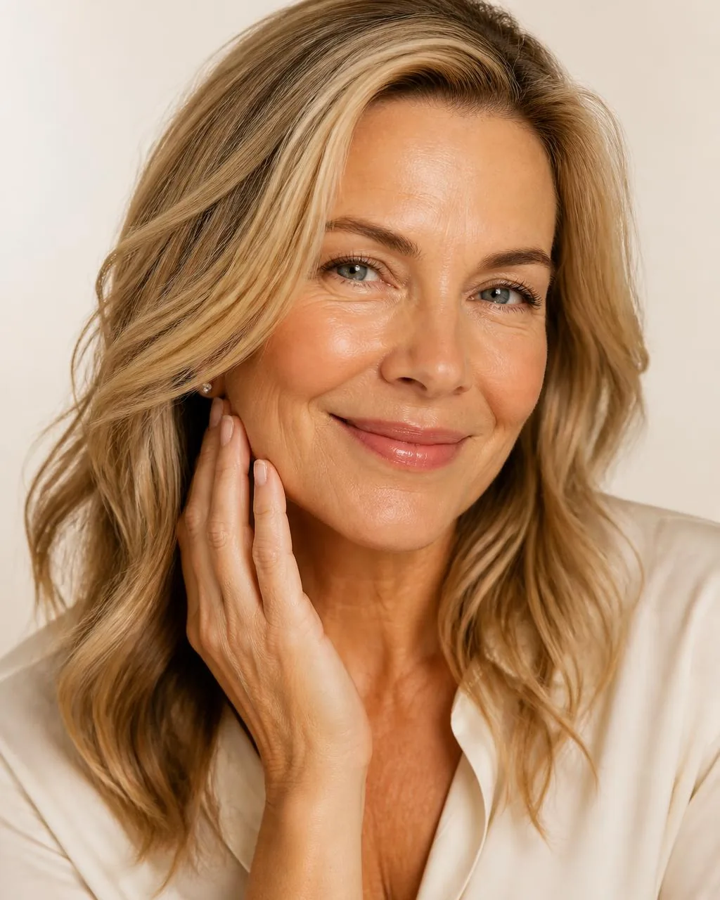 Close portrait of a woman in her fifties with healthy, glowing skin and soft hair
