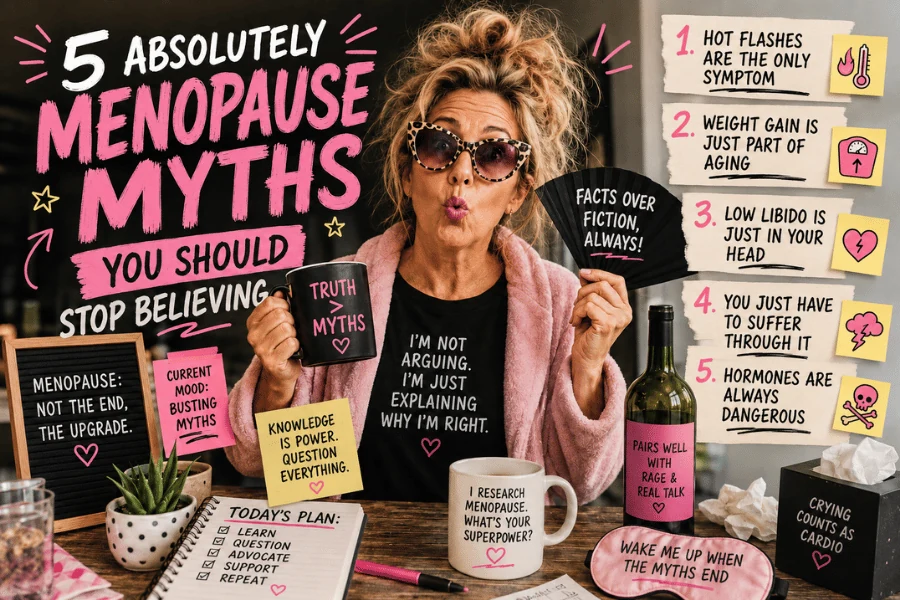 Woman holding a mug and fan beside a list of 5 menopause myths, including hot flashes, weight gain, low libido, suffering through menopause, and hormone safety.