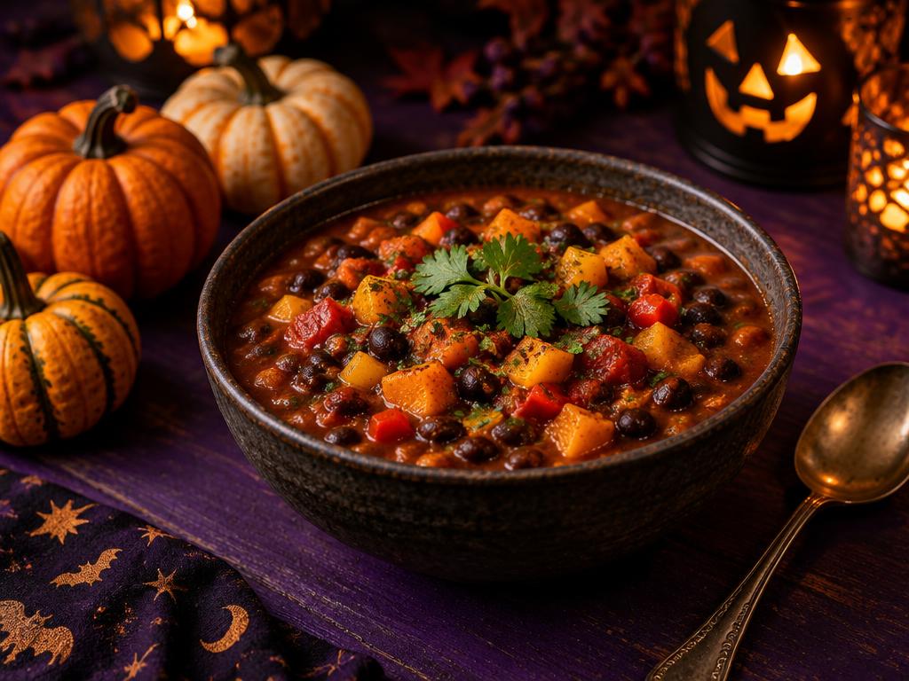 A bowl of black bean and pumpkin chili with peppers and tomatoes