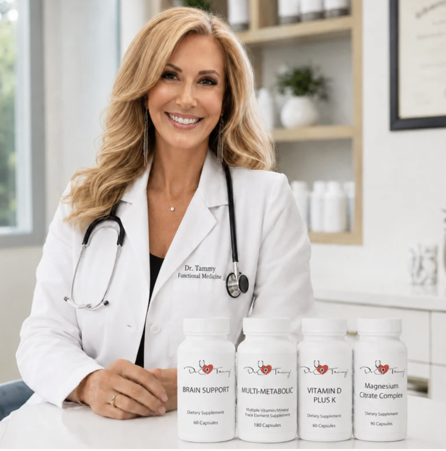 Dr. Tammy Tucker with practitioner-grade supplement bottles
