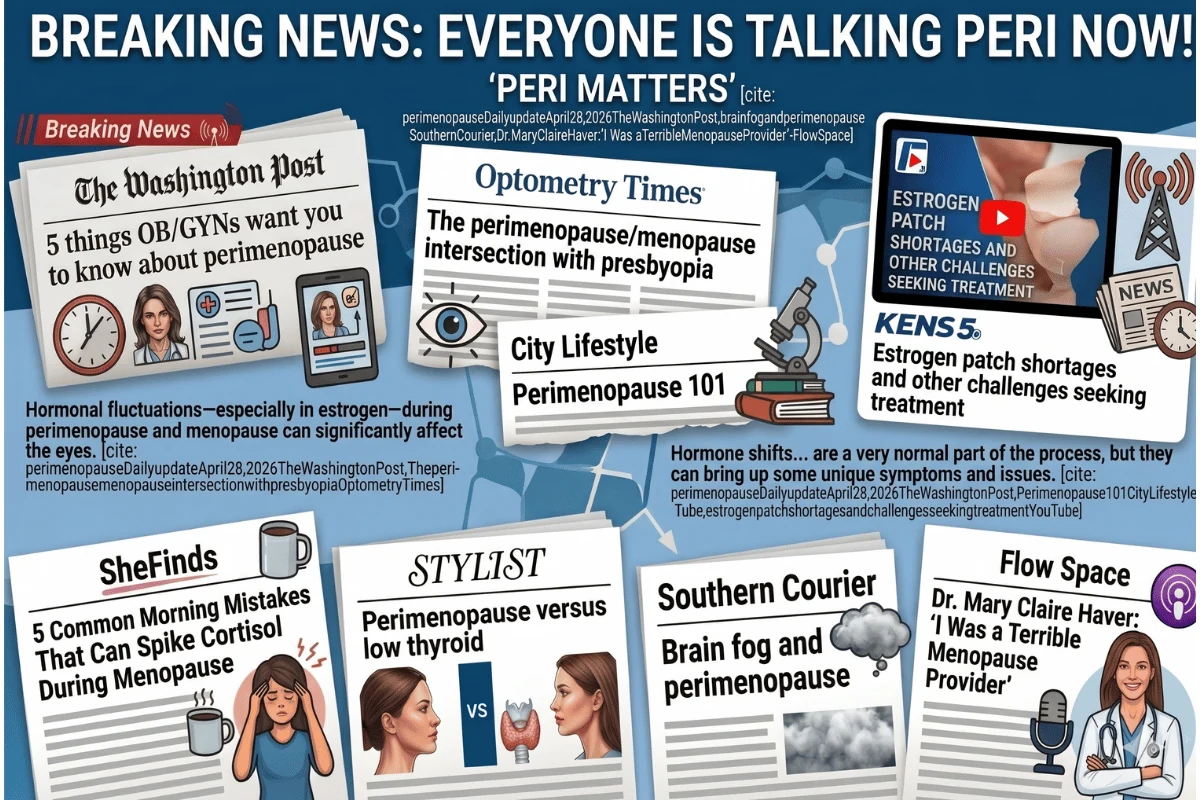 Perimenopause in the news collage featuring headlines about hormone changes, symptoms, and estrogen patch shortages