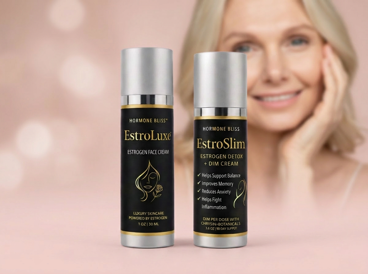 Hormone Bliss EstroLuxe Estrogen Face Cream and EstroSlim Estrogen Detox + DIM Cream bottles on a soft pink background