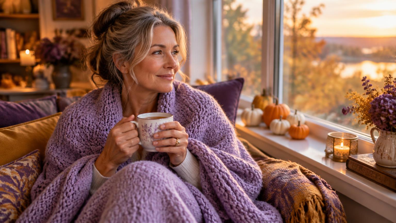 A woman wrapped in a soft lavender blanket, holding a warm mug of tea by a window with pumpkins on the sill and golden evening light