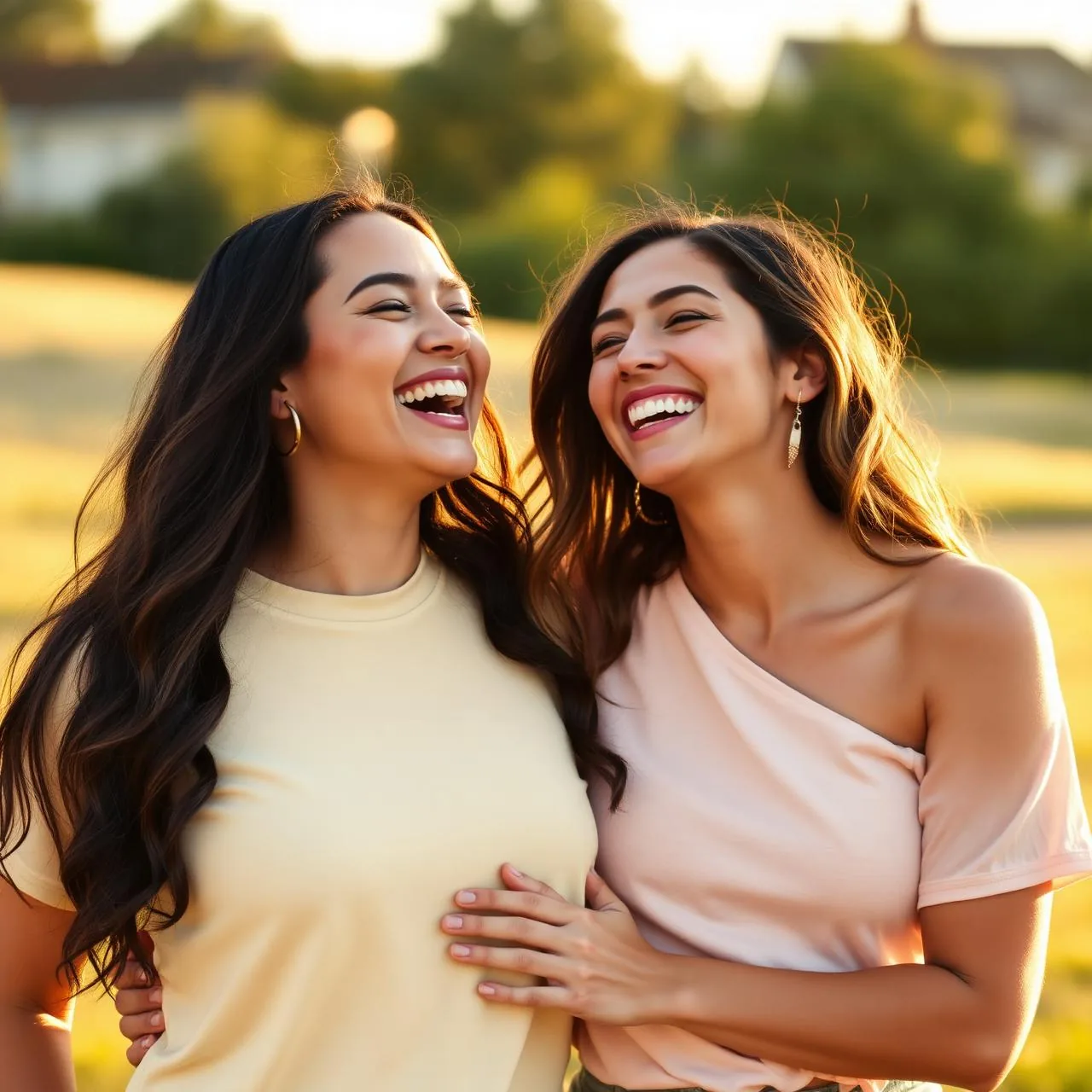 Two joyful women laughing together after restoring their hormone balance