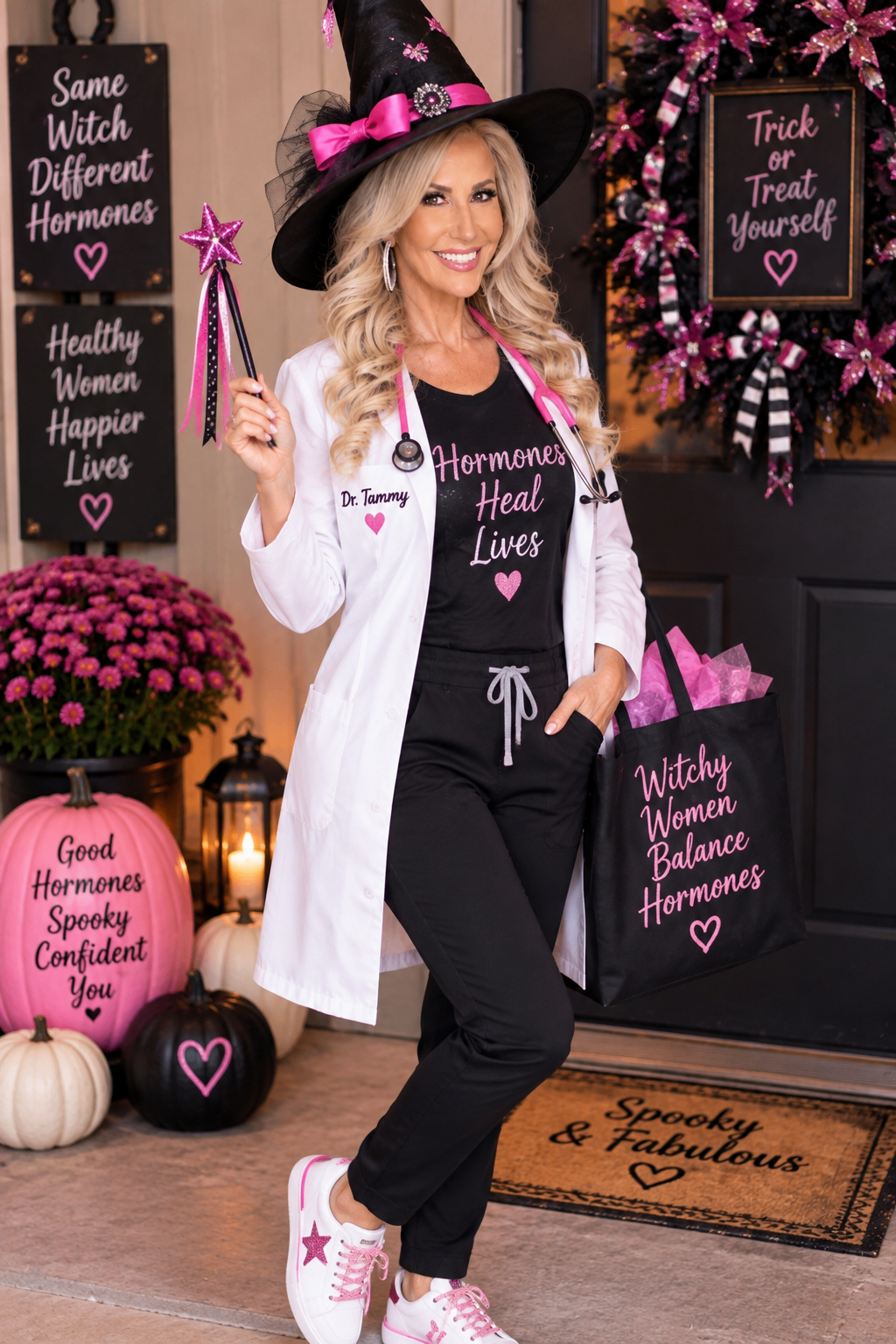 Dr. Tammy Tucker in her Halloween witch best — black witch hat, white lab coat, and a pink wand, surrounded by pink pumpkins and Halloween signs