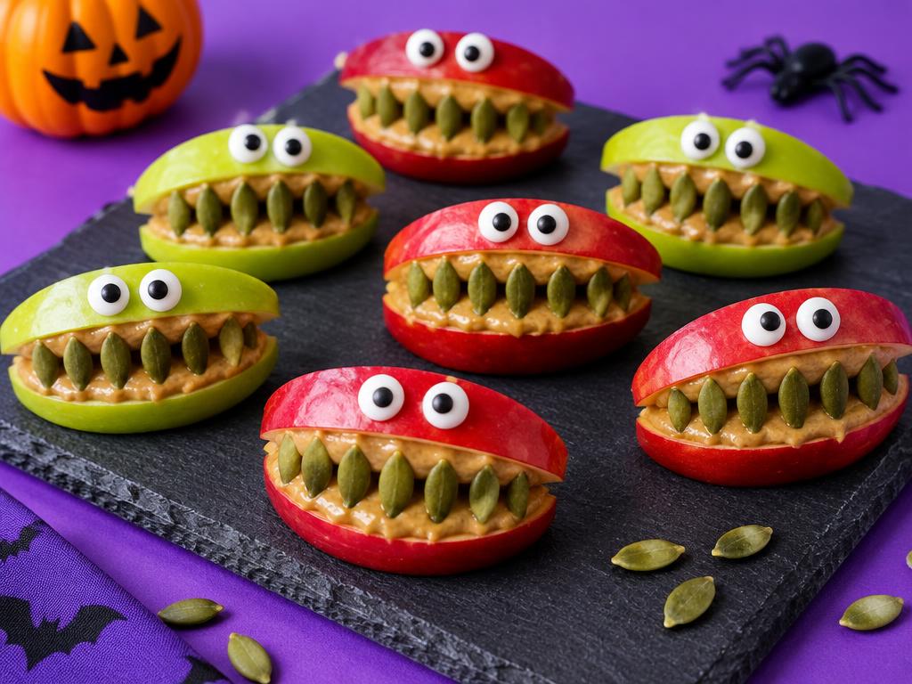 Apple wedge monster mouths filled with sunflower seed butter and pumpkin seed teeth