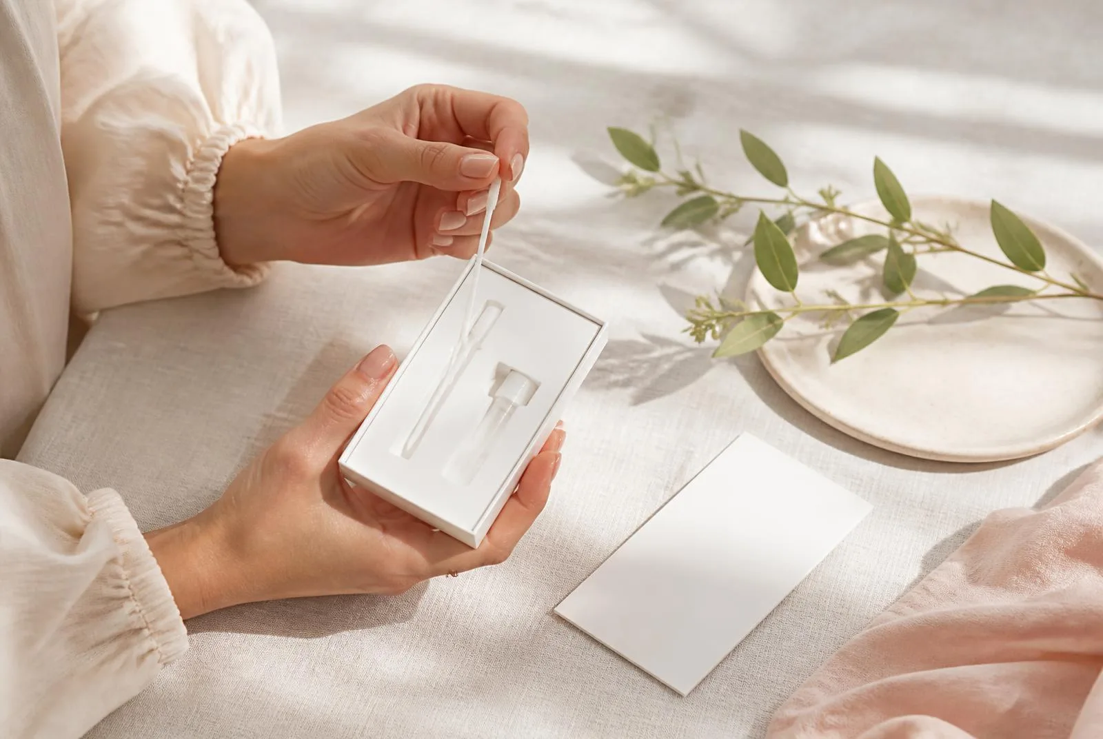 Woman holding an at-home DNA collection kit on ivory linen beside a lab card and green leaves