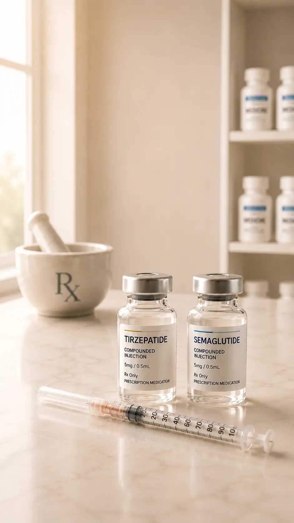 Compounded tirzepatide and semaglutide vials side by side with a syringe on a marble pharmacy counter