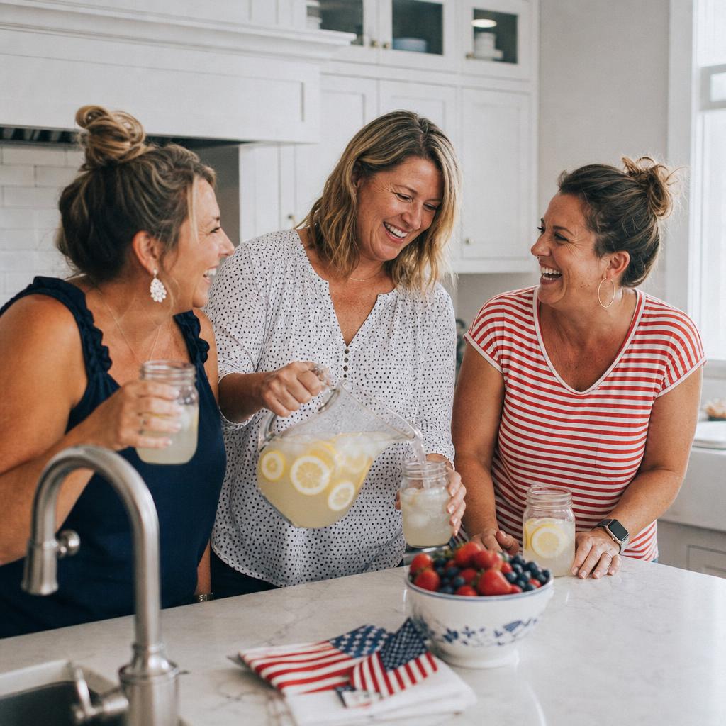 Three women friends laughing together in a bright kitchen pouring fresh lemonade