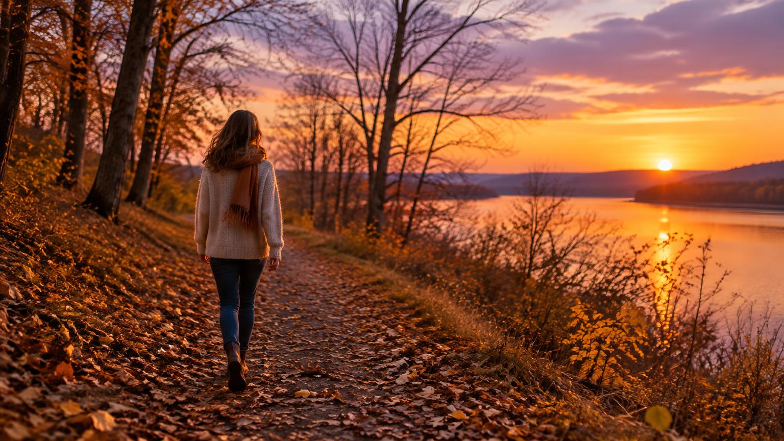 A woman in a cozy sweater walking a leaf-covered path beside a lake at sunset, orange and purple sky