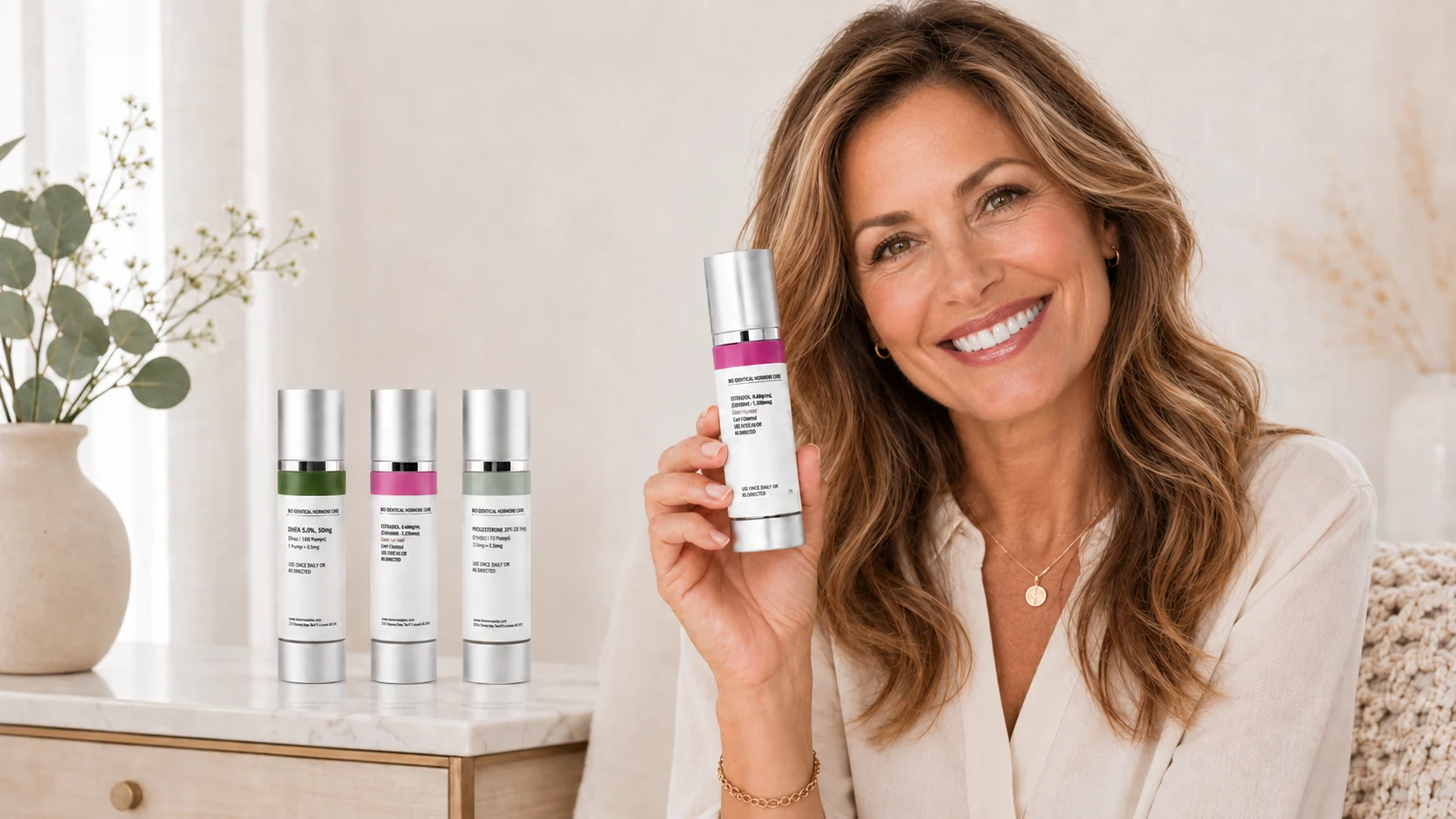 Smiling woman holding a Hormone Bliss bio-identical topical cream bottle, with three additional cream bottles arranged on a marble table beside her.