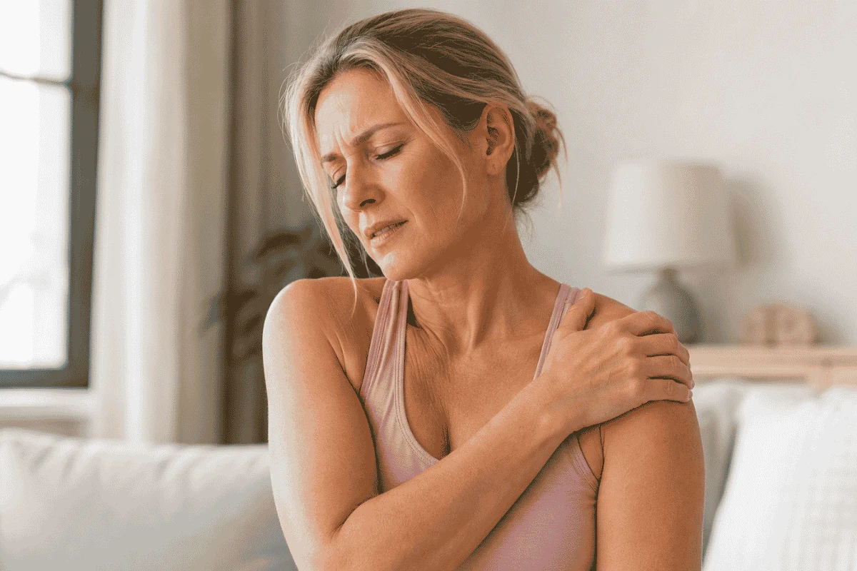 Middle-aged woman holding her painful shoulder indoors, representing frozen shoulder and menopause-related joint pain.