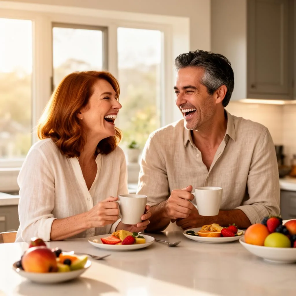 A couple in their fifties walking outdoors together, relaxed and energetic