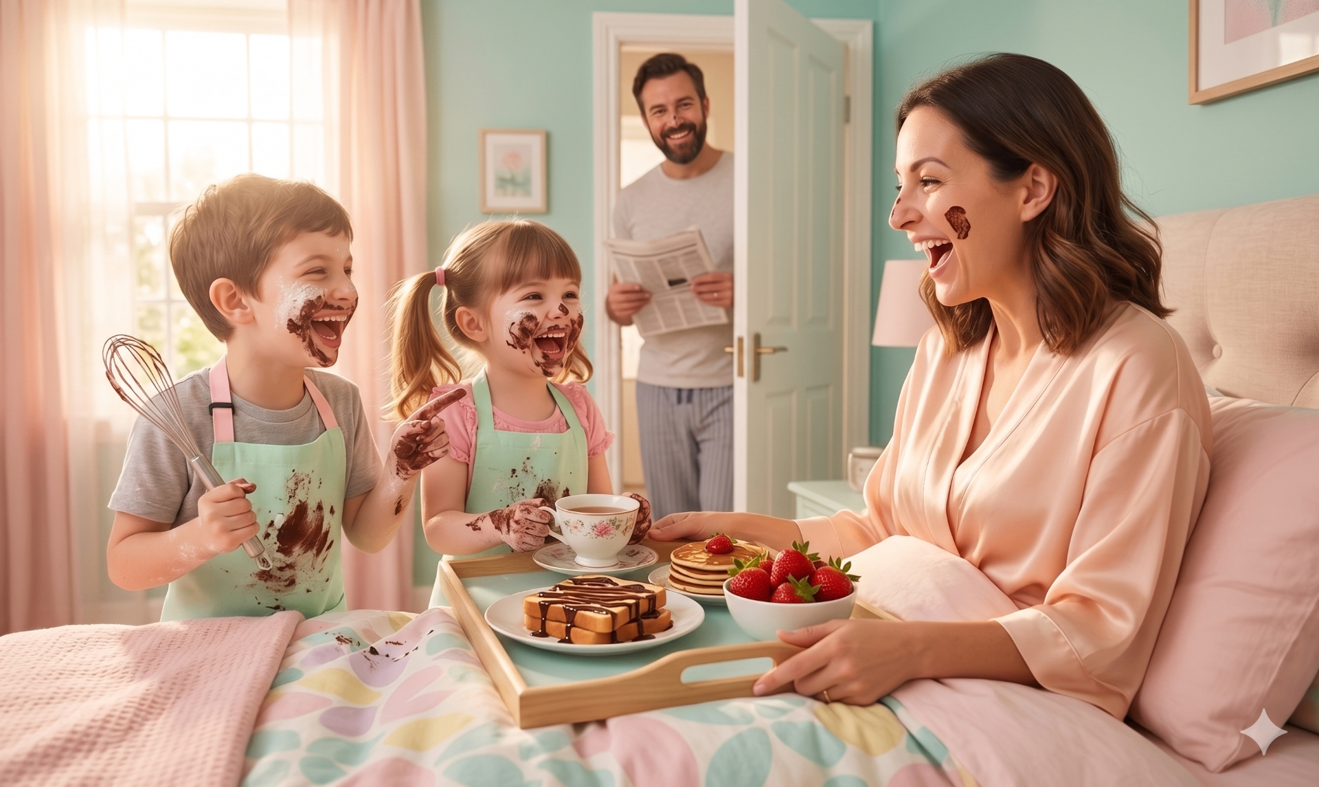 Mom laughing with her two young kids in matching mint aprons covered in flour and chocolate, baking together
