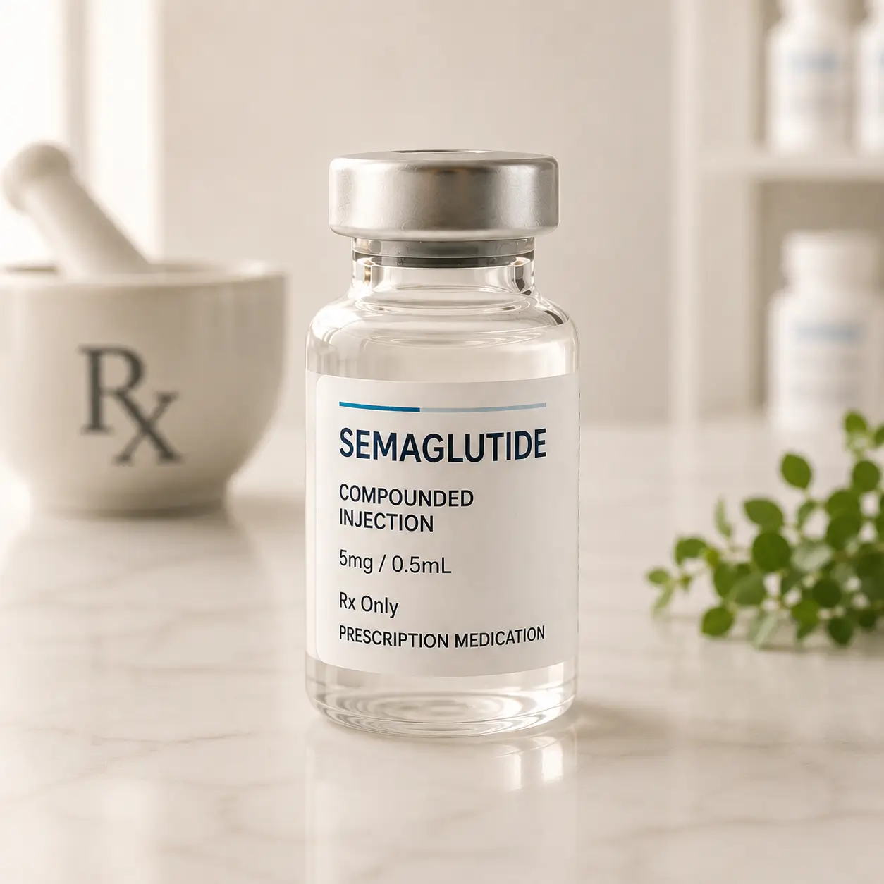 A vial of compounded semaglutide injection on a marble pharmacy counter beside a mortar and pestle