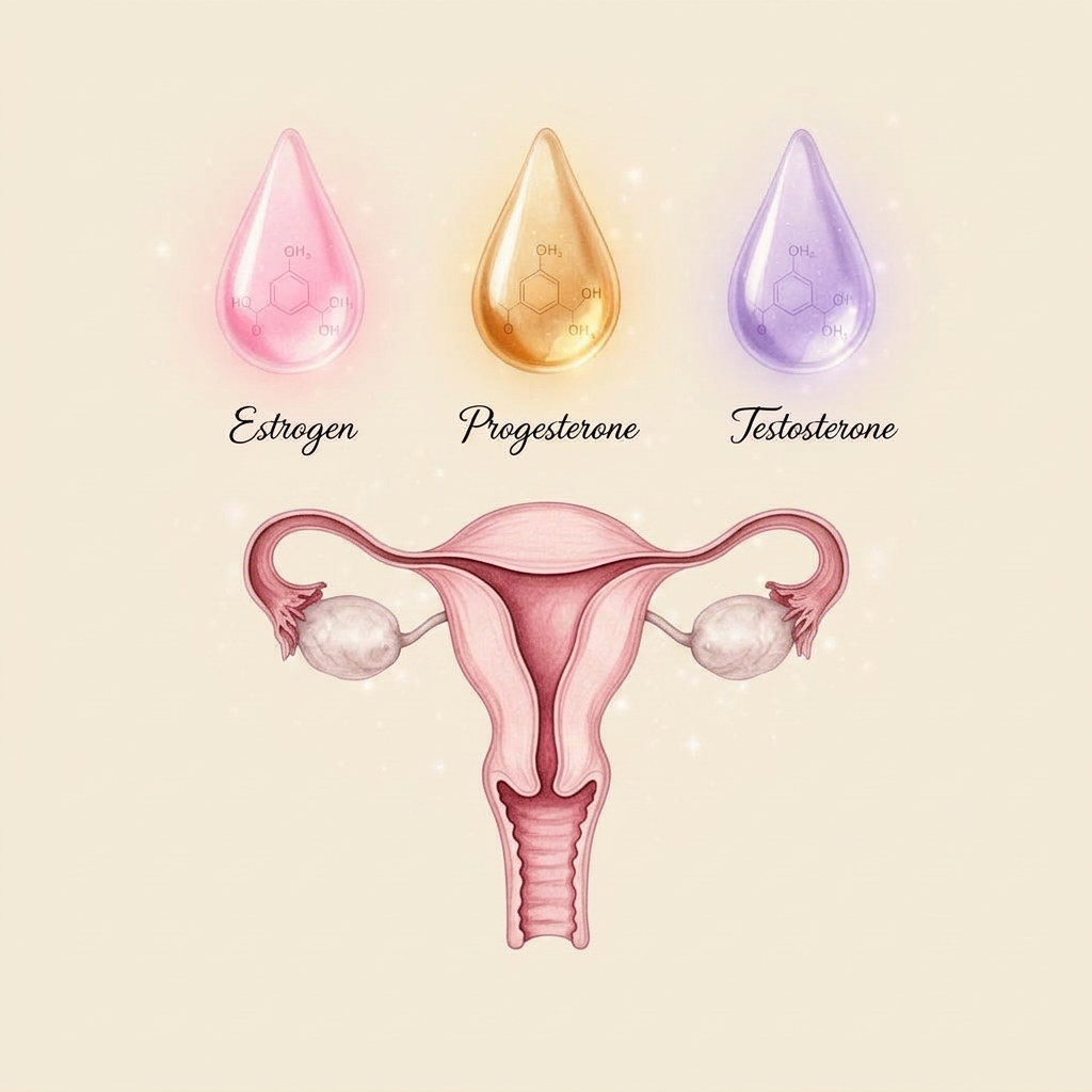 Estrogen, progesterone, and DHEA illustrated as three glowing hormone droplets