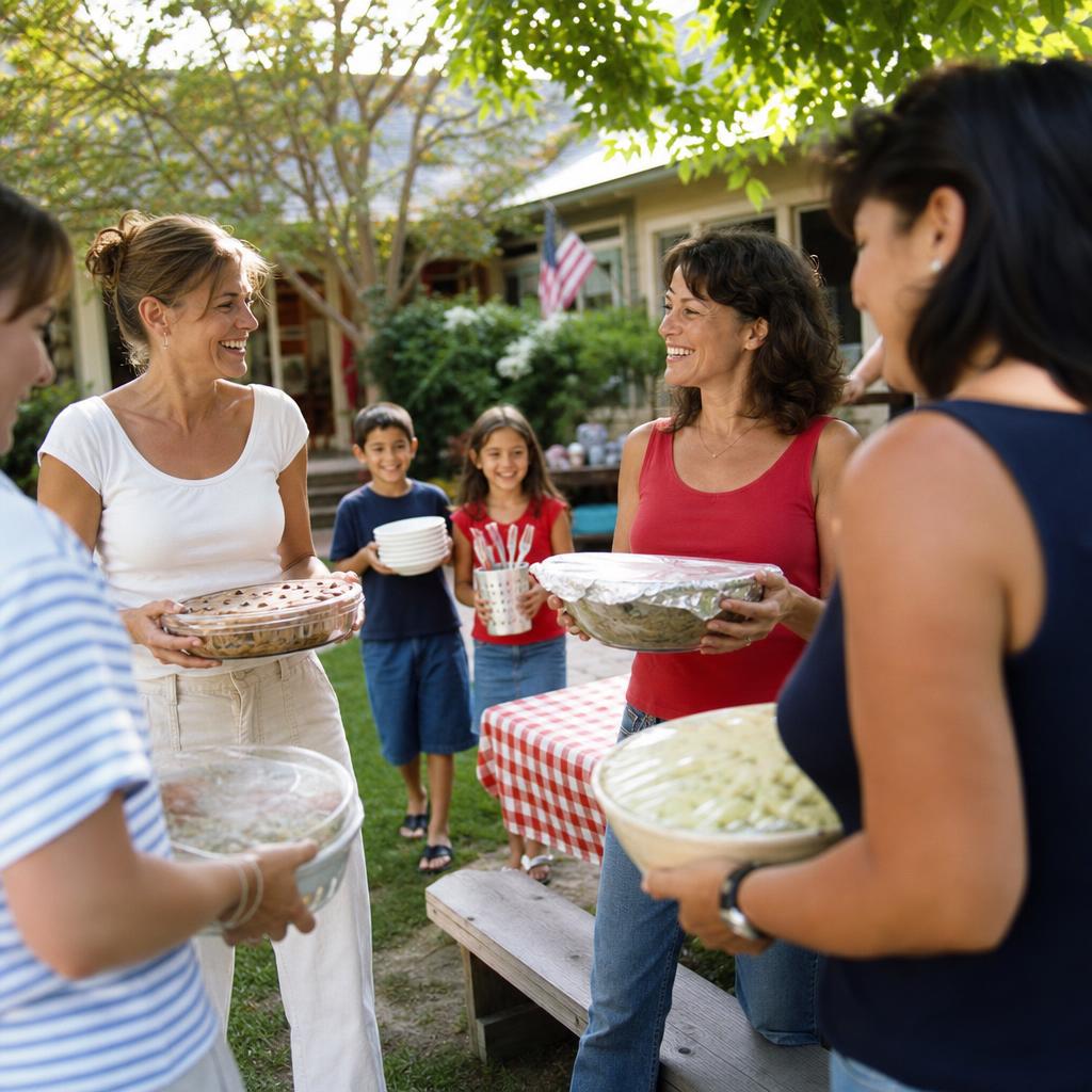 Friends arriving with potluck dishes while kids carry plates and forks to the picnic table