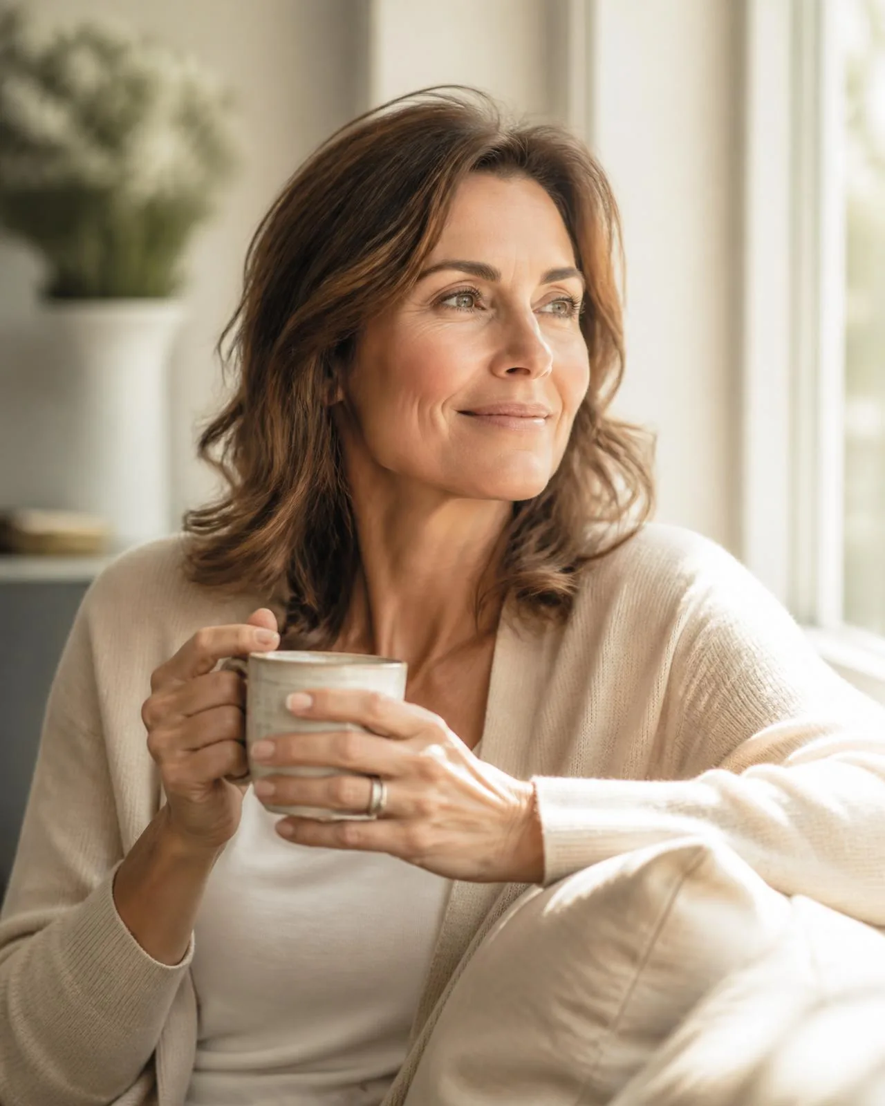 A woman in her forties standing in warm natural light, looking calm and considered