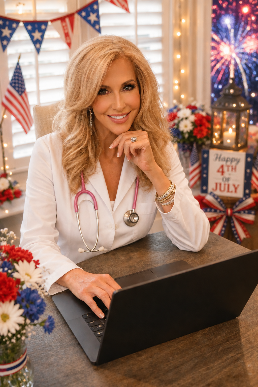Dr. Tammy smiling at her desk with 4th of July decor