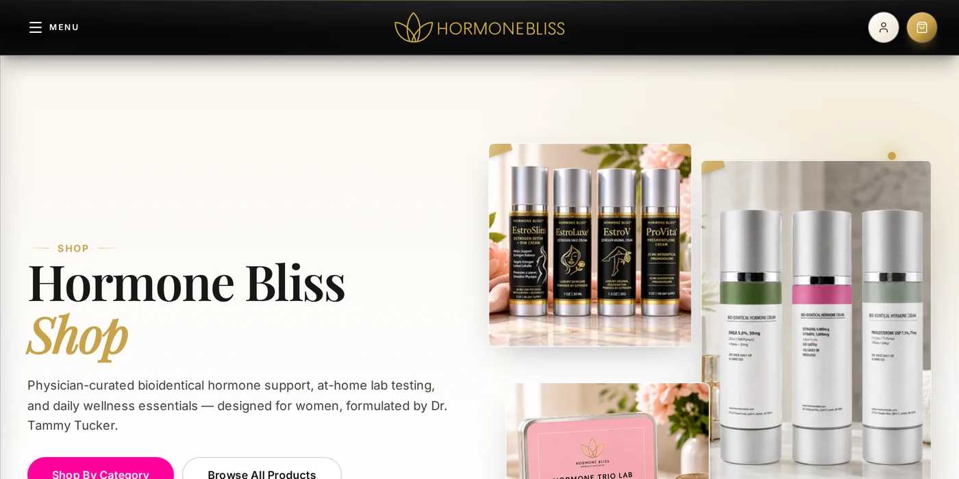 The Hormone Bliss online shop homepage showing bioidentical hormone creams and at-home hormone test kits