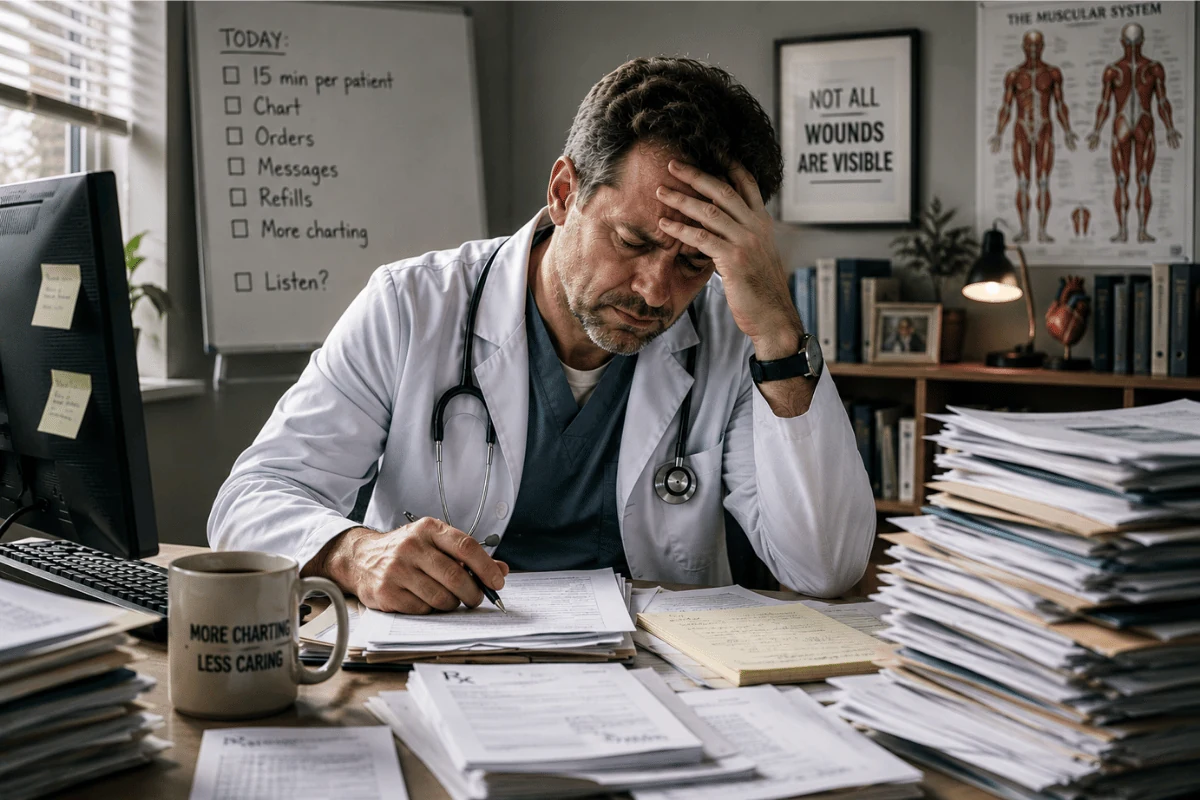 Overwhelmed male doctor sitting at a cluttered desk surrounded by paperwork and medical charts, illustrating burnout, excessive documentation, and frustration in modern healthcare.