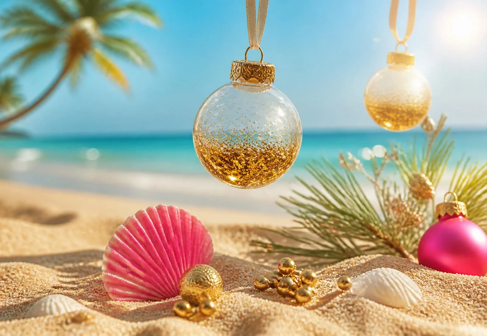 A sunlit summer room with a small pine sprig and a gold ornament — Christmas in July calm