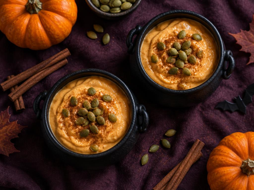 Two mini black cauldron bowls of pumpkin pie yogurt topped with pumpkin seeds