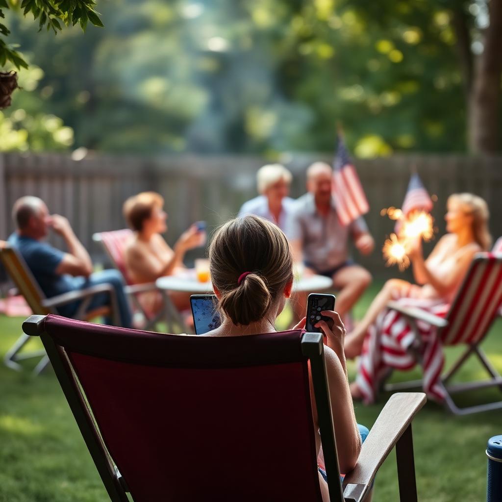 A woman sitting alone in a lawn chair on her phone while her family celebrates the Fourth of July in the background