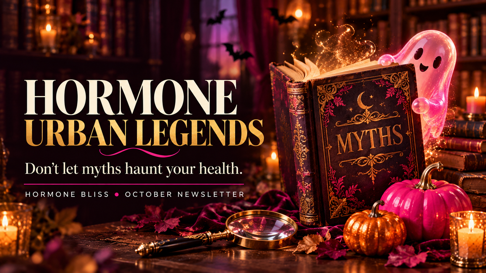 Hormone Urban Legends — Don't let myths haunt your health. An ornate storybook titled Myths with a smiling pink ghost, candles, bats, and glittering pumpkins in a candlelit library