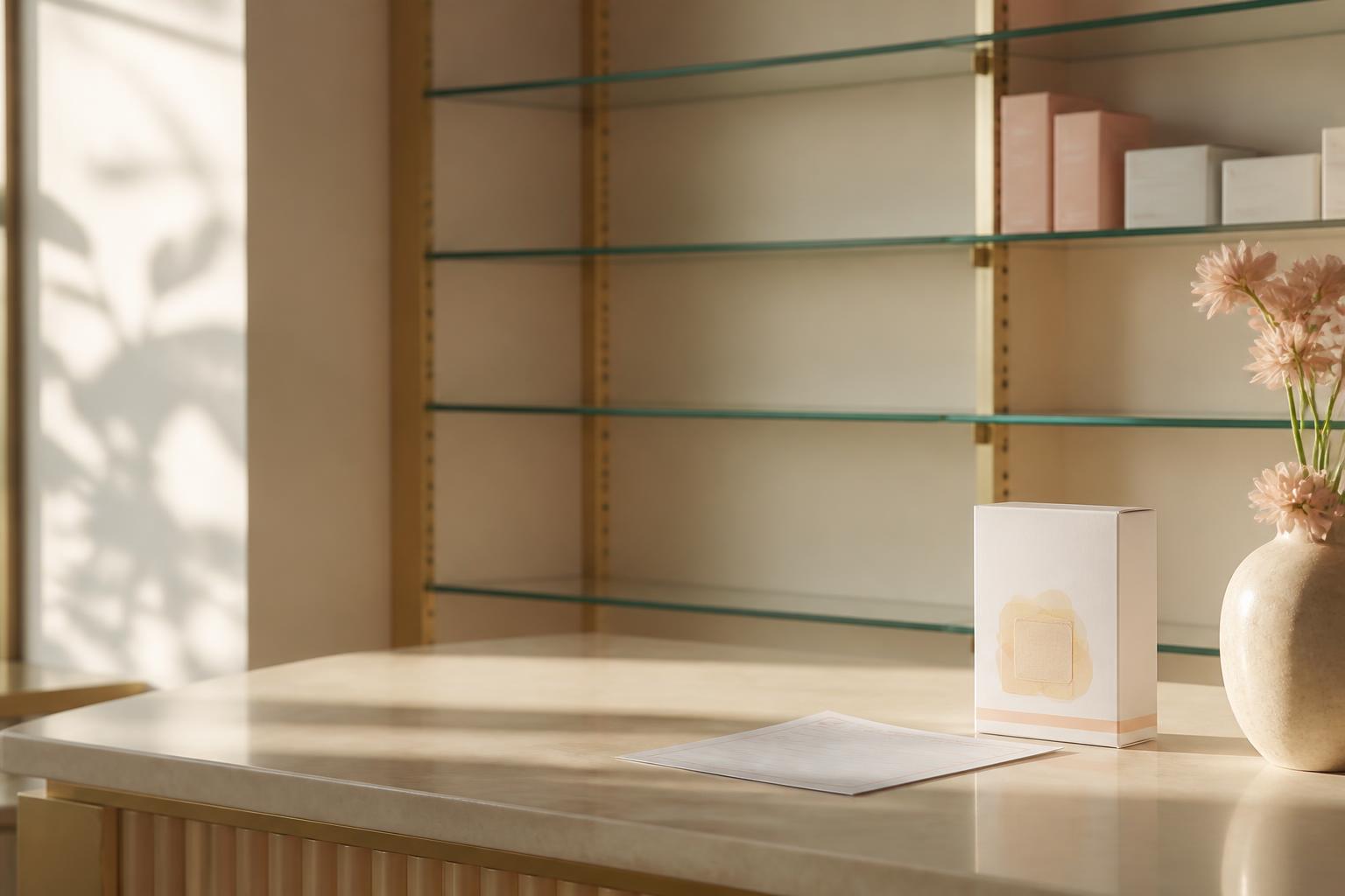 Nearly empty pharmacy shelf beside a single hormone patch box and a prescription slip