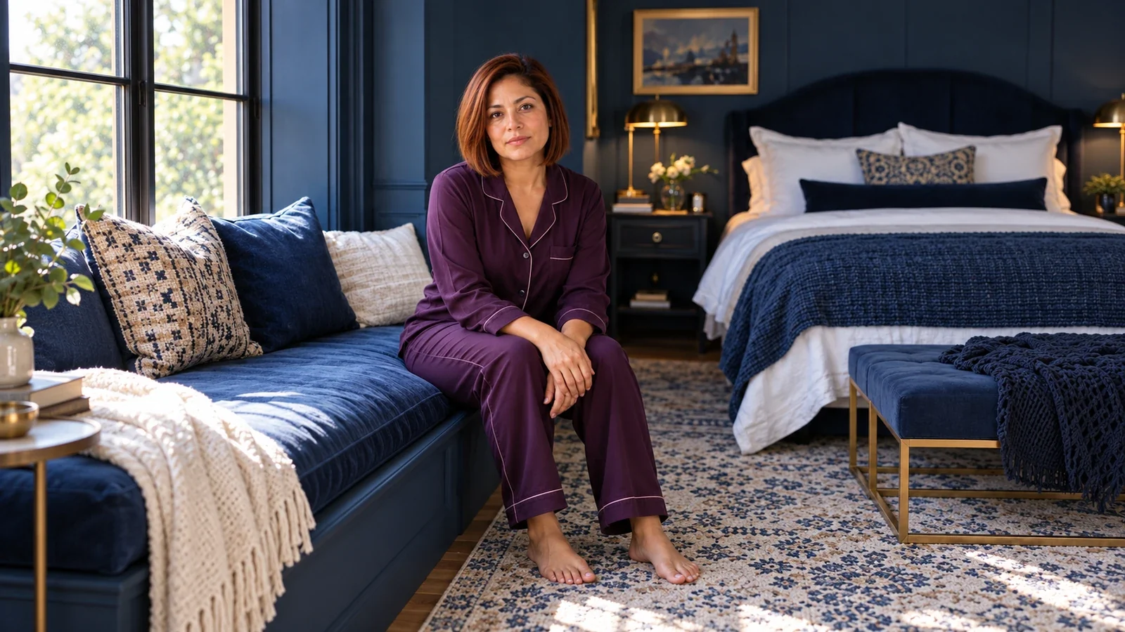 A midlife woman with a copper bob and plum pajamas sits on a blue window bench in an indigo bedroom, looking calmly toward the camera in morning light.