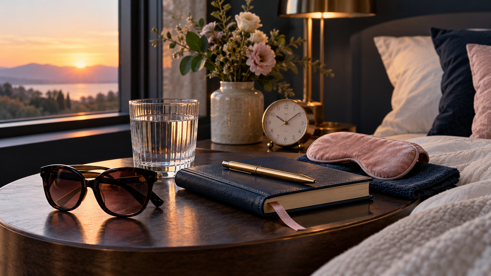 Dark sunglasses, a glass of water, a migraine journal, and a soft eye mask arranged beside a bed at sunrise.