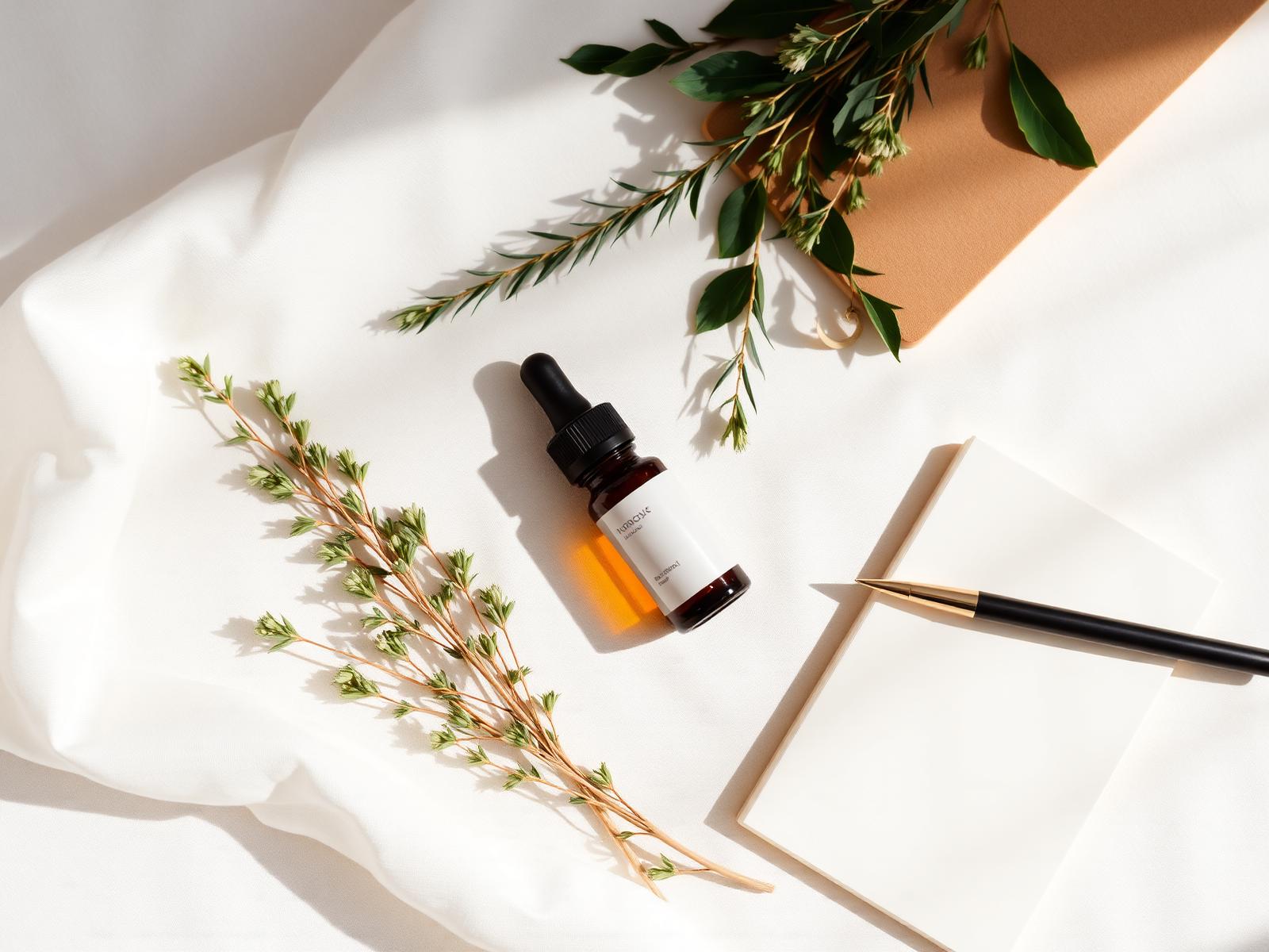 Botanical wellness flat lay with amber dropper bottle and notebook