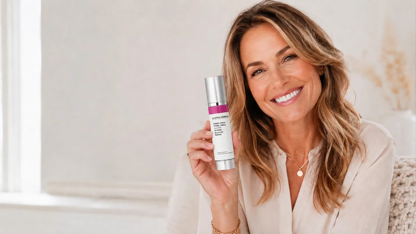 Woman smiling, holding a bio-identical estradiol/estriol hormone cream