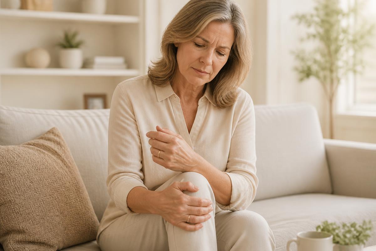 Woman in her fifties seated on a light sofa holding her knee and wrist in soft daylight