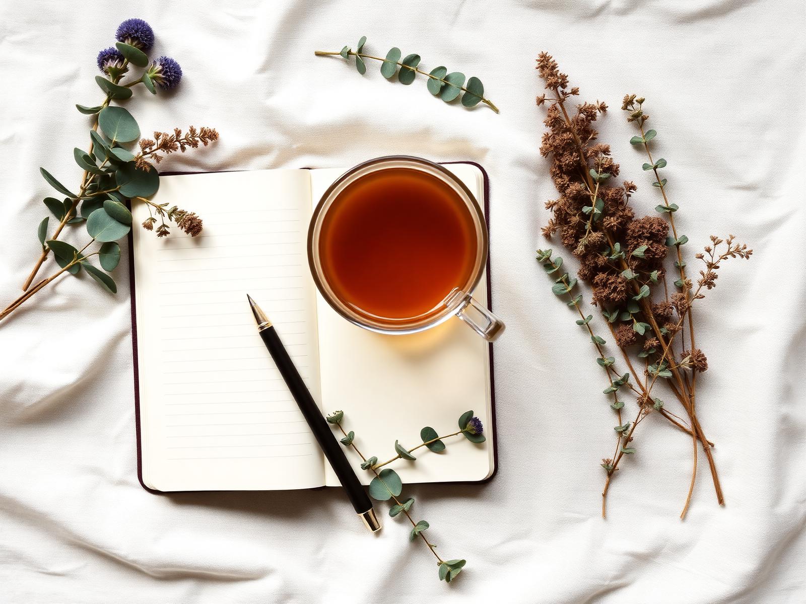 Wellness journal, warm tea and dried botanicals on cream linen