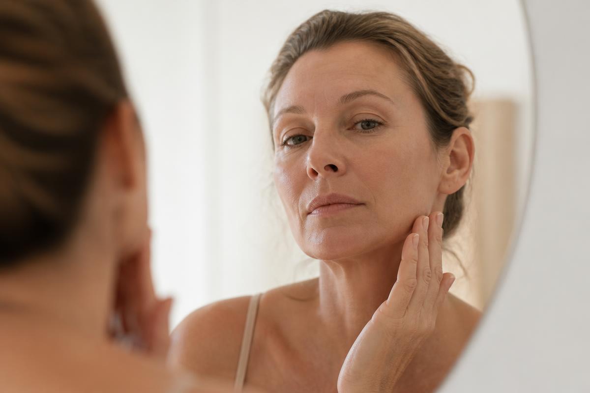 Woman in her late forties examining her jawline in a bathroom mirror in soft daylight